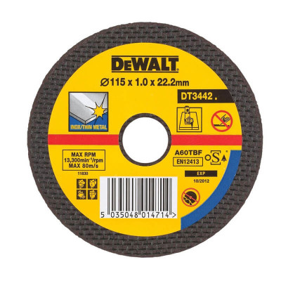 Купити Коло відрізне по металу INOX діаметр 115 мм DeWALT DT3442-QZ. Офіційний магазин Dewalt Україна. Фірмовий інструмент та обладнання DeWALT, STANLEY, BLACK+DECKER, BOSTITCH
